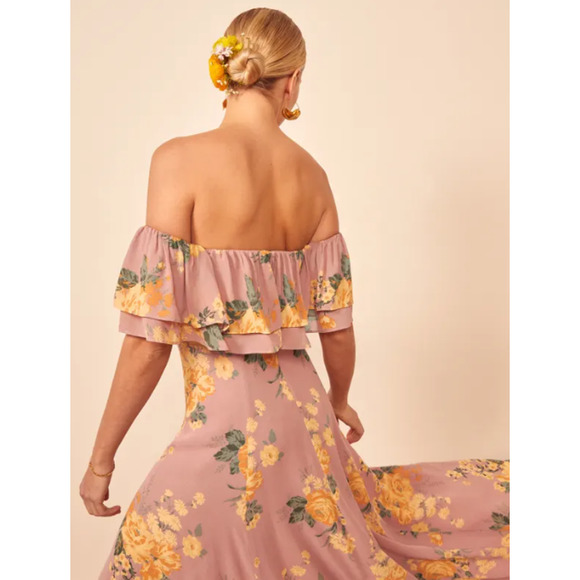 REFORMATION Abelia Dress Floral Off The Shoulder Ruffle Side Slit Maxi Gwenyth - Picture 5 of 15